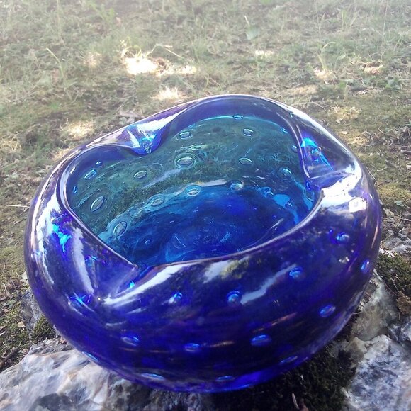 Vintage MCM Art Bubble Glass Ashtray Trinket Blue Cobalt - Picture 1 of 5